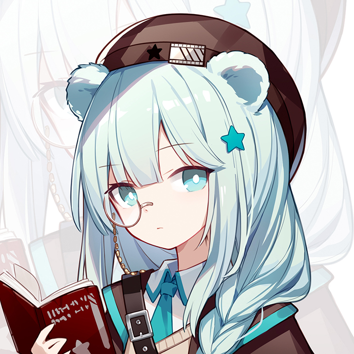 1girl animal_ears aqua_eyes aqua_hair arknights bear_ears belt_buckle beret book brown_hat brown_jacket buckle chibi chibi_only chinese_commentary commentary_request hair_ornament hat holding holding_book istina_(arknights) jacket long_hair looking_at_viewer monocle necktie open_book photoshop_(medium) portrait quan_(kurisu_tina) shirt solo star_(symbol) star_hair_ornament white_shirt zoom_layer