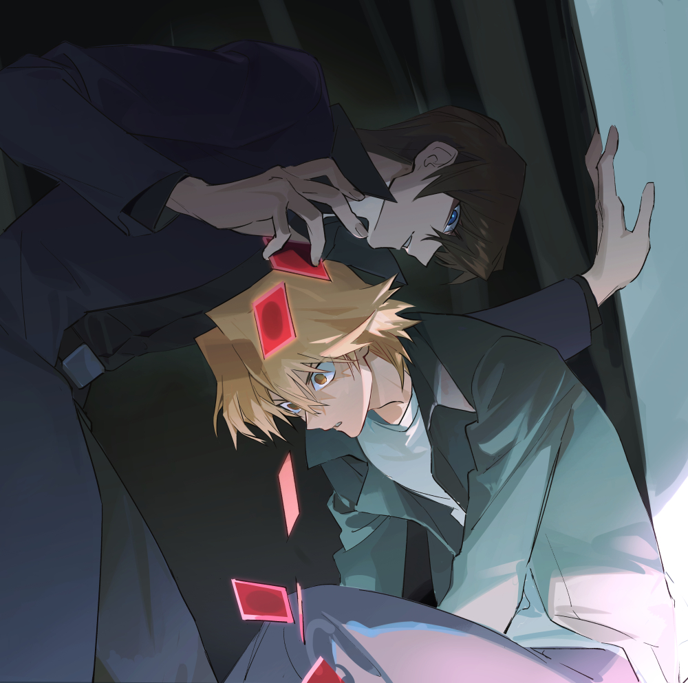 2boys against_wall arm_between_legs black_background black_pants black_shirt blonde_hair blue_eyes blue_pants brown_eyes brown_hair card coat dress_shirt dropping elbow_on_leg eyes_in_shadow facing_another floating_card glowing grey_coat grin hand_on_wall hands_on_ground indoors inkerpape jonouchi_katsuya kaiba_seto leaning_forward looking_at_another looking_down male_focus multiple_boys open_clothes open_coat open_hand pants popped_collar purple_coat shirt sitting smile surprised white_shirt wide-eyed yu-gi-oh! yu-gi-oh!_duel_monsters