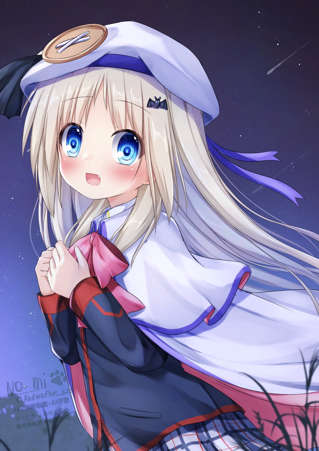 1girl bat_hair_ornament beret blonde_hair blue_eyes blush bow bowtie cape capelet cloak fang hair_ornament hat highres kud_wafter kudpoid_(71139) little_busters! little_busters!_school_uniform long_hair long_sleeves looking_at_viewer night noumi_kudryavka open_mouth pink_bow pink_bowtie plaid_clothes plaid_skirt school_uniform skirt sky smile solo star_(sky) starry_sky white_cape white_capelet white_cloak white_hat