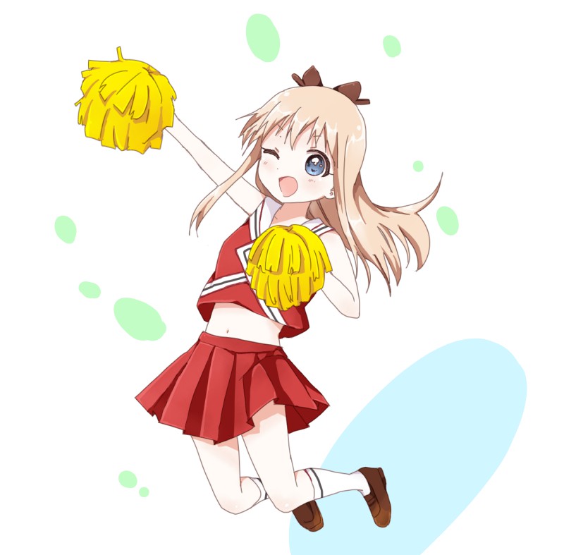 1girl arm_up bare_shoulders blonde_hair blush brown_footwear cheerleader commentary_request jumping long_hair looking_at_viewer mearian midriff one_eye_closed open_mouth pleated_skirt pom_pom_(cheerleading) red_skirt skirt sleeveless solo toshinou_kyouko yuruyuri