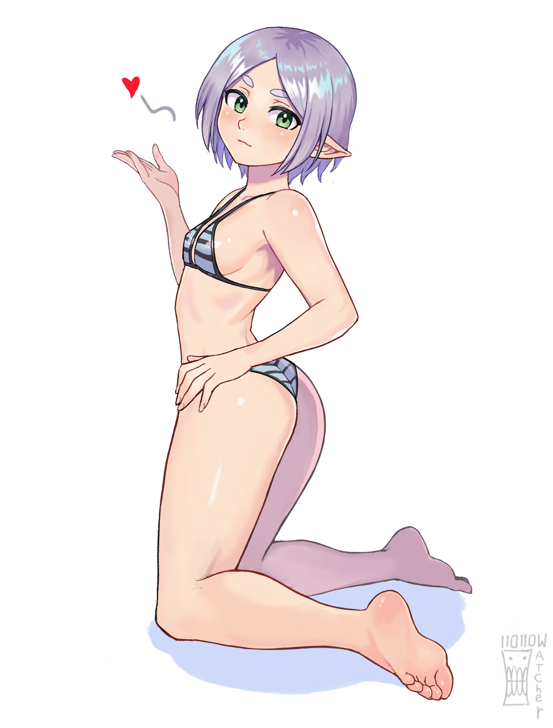 1girl absurdres alternate_costume alternate_hair_length alternate_hairstyle artist_logo ass barefoot bikini black_bikini blue_bikini bob_cut breasts closed_mouth elf eyebrows female_focus frieren from_side full_body green_eyes grey_hair hand_on_own_hip hand_up highres kneeling logo long_pointy_ears looking_at_viewer looking_to_the_side multicolored_bikini parted_bangs petite pointy_ears short_hair simple_background small_breasts solo sousou_no_frieren striped_bikini striped_clothes swimsuit thick_eyebrows thick_thighs thighs toes twisted_torso two-tone_bikini watcher_hollow white_background