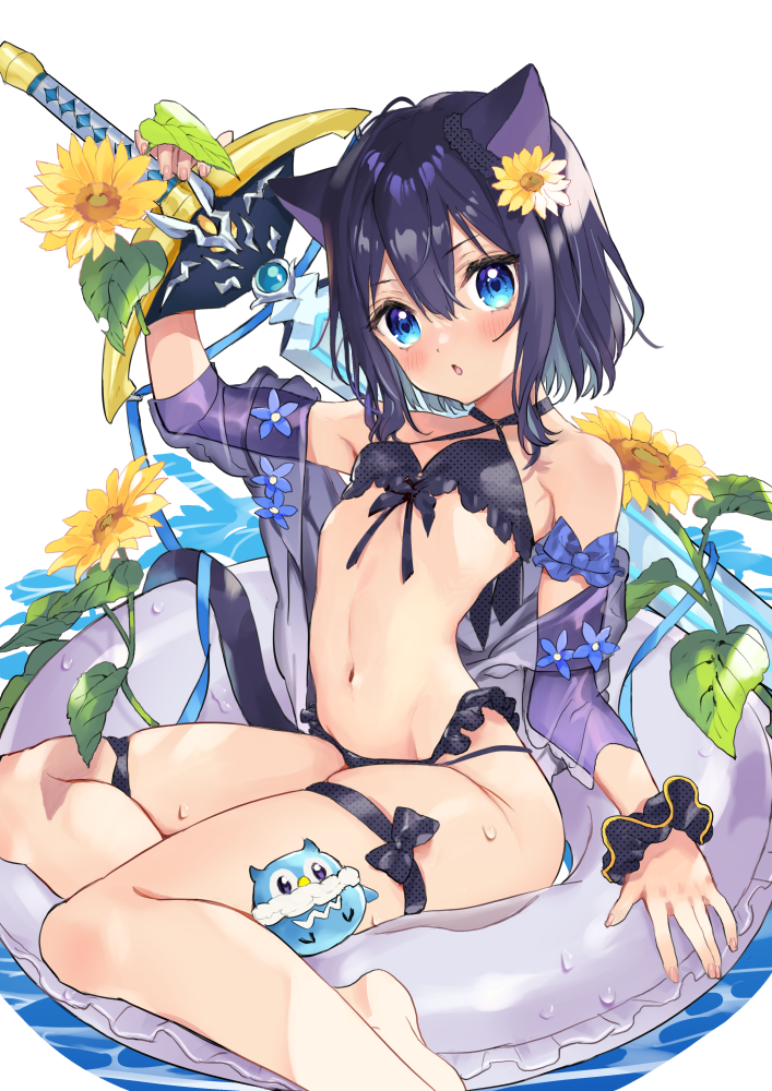 1girl 1other alternate_hair_color arm_ribbon bikini blue_eyes detached_sleeves feet_out_of_frame flat_chest flower fran_(tensei_shitara_ken_deshita) frilled_bikini frills hair_flower hair_ornament holding holding_sword holding_weapon innertube light_blush looking_at_viewer medium_hair navel open_mouth purple_bikini purple_hair ribbon scrunchie shishou_(tensei_shitara_ken_deshita) simple_background stomach stuffed_animal stuffed_owl stuffed_toy sunflower swim_ring swimsuit sword tensei_shitara_ken_deshita thigh_strap water_drop weapon wet wet_clothes white_background wrist_scrunchie zooya