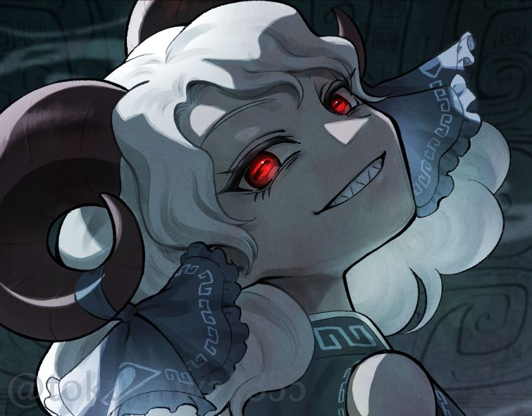 1girl bare_shoulders blue_bow blue_shirt bow horizontal_pupils horn_ornament horn_ribbon horns houzuki_(hotondo) meandros rectangular_pupils red_eyes red_horns ribbon sharp_teeth sheep_horns shirt smile teeth touhou toutetsu_yuuma white_hair