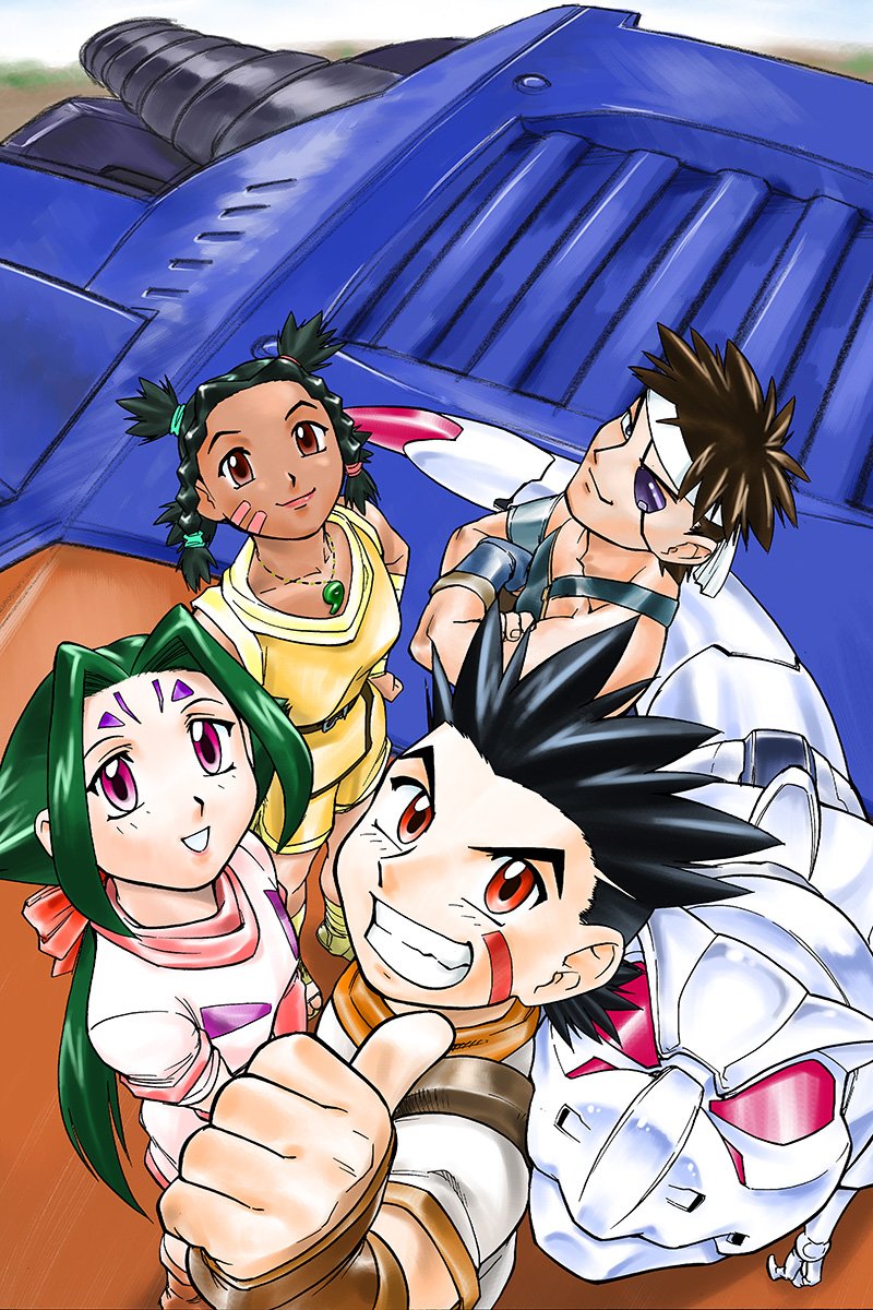 2girls black_eyes blade_liger braid breasts brown_eyes brown_hair closed_mouth dark_skin dress facial_mark fiona_(zoids) forehead_mark gloves hair_ribbon highres irvine jewelry long_hair looking_at_viewer medium_hair moonbay multiple_boys multiple_girls necklace open_mouth ponytail red_eyes ribbon short_hair smile thumbs_up twin_braids ueyama_michirou van_flyheight very_long_hair zeke_(zoids) zoids zoids_chaotic_century