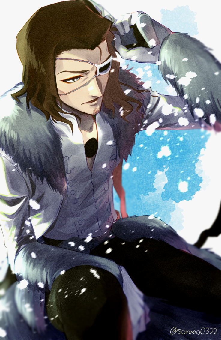 1boy between_legs black_pants bleach blue_background brown_hair commentary_request coyote_starrk eyepatch facial_hair feet_out_of_frame fur-trimmed_jacket fur_trim gloves goatee green_eyes gun hand_between_legs hand_up holding holding_gun holding_weapon hole_in_chest hole_on_body jacket looking_afar male_focus mature_male medium_hair one_eye_covered pants parted_lips simple_background sitting solo soraao0322 twitter_username weapon white_gloves white_jacket