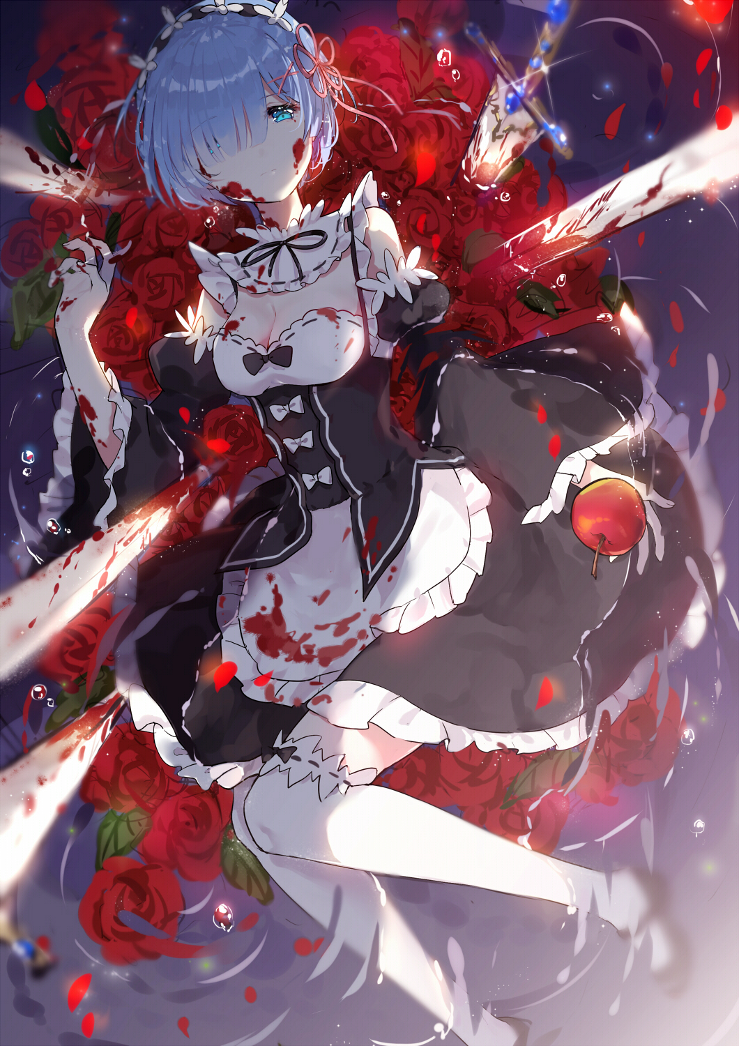 10s 1girl apple apron aqua_eyes black_dress blood blood_on_clothes blood_on_face blood_stain blue_hair blunt_bangs blush bow breasts cleavage detached_collar detached_sleeves dress excalibur_(mythology) female_focus flower food frills fringe_trim from_above front-tie_top fruit grass hair_ornament hair_over_one_eye hair_ribbon highres lace looking_at_viewer lying maid maid_headdress on_back petals puffy_sleeves re:zero_kara_hajimeru_isekai_seikatsu red_flower red_rose rem_(re:zero) ribbon rose short_hair solo submerged sword thighhighs water water_drop weapon white_thighhighs wide_sleeves x_hair_ornament yuzhi zettai_ryouiki