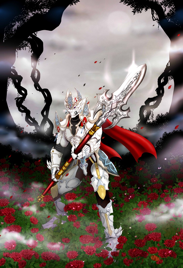 animal_ears armor armored_boots boots dan_(garo) earrings flower fog full_armor full_body garden garo_(series) holding holding_weapon jewelry moon satoi_(baudy) shoulder_armor standing tokusatsu tree weapon