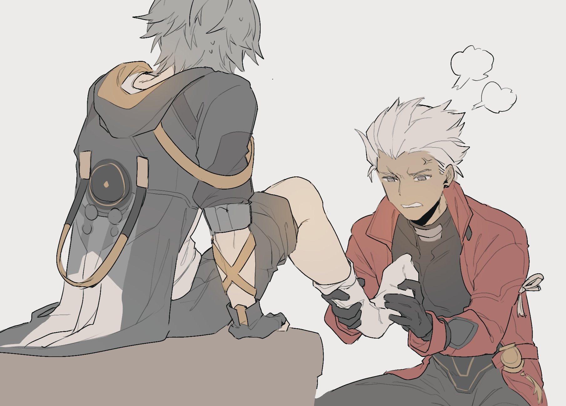 2boys archer_(fate) archer_(honkai:_star_rail)_(fate) boyfriend80 caelus_(honkai:_star_rail) coat crossover dark-skinned_male dark_skin fate/stay_night fate/unlimited_blade_works fate_(series) feet grey_hair highres multiple_boys red_coat spiked_hair trailblazer_(honkai:_star_rail) white_hair