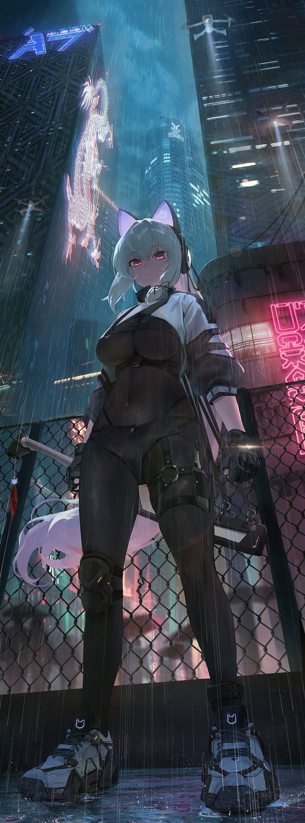 1girl absurdres animal_ear_headphones animal_ears black_bodysuit black_gloves bodysuit breasts building chain-link_fence closed_mouth commentary_request covered_navel cropped_jacket fake_animal_ears fence fingerless_gloves from_below full_body gloves grey_hair headphones highres jacket knee_pads korean_commentary large_breasts mo_ne original rain red_eyes second-party_source serious short_hair skyscraper solo standing thigh_strap white_jacket