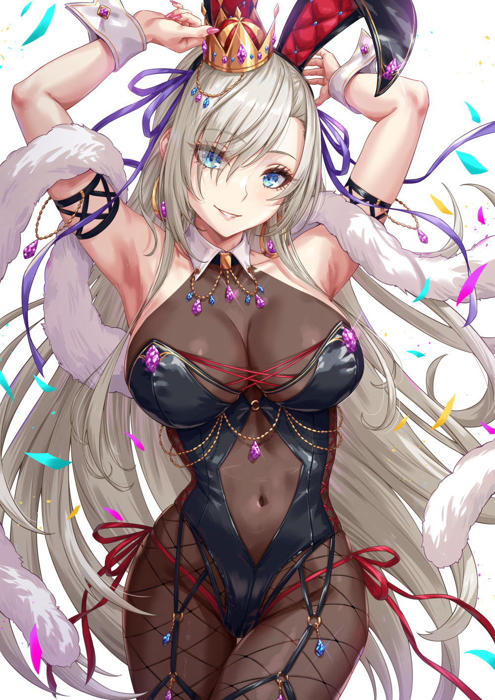 1girl animal_ears armpits arms_up black_hairband black_leotard blue_eyes collarbone commentary_request covered_navel cowboy_shot crown eyes_visible_through_hair fake_animal_ears hair_ornament hairband highres leotard long_hair looking_at_viewer original parted_lips pink_nails rabbit_ears sakiyamama smile solo white_background white_hair wrist_cuffs