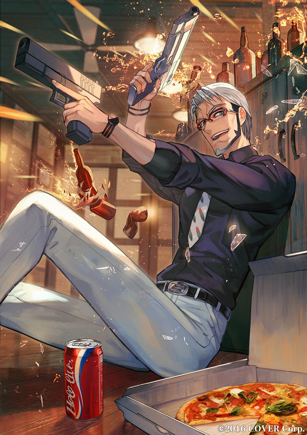 1boy arurandeisu beard behind_cover black_shirt bottle broken_bottle can copyright_notice dual_wielding facial_hair food glasses grey_eyes grey_hair gun handgun highres holding holostars lack male_focus margherita_pizza necktie pants pizza pizza_box shirt sleeves_rolled_up virtual_youtuber weapon white_pants wooden_floor