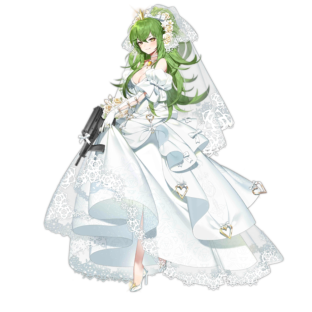 1girl bahao_diqiu bouquet breasts bridal_veil brooch calico_m950 calico_m950a cheek_pistol cleavage crown double-stack_magazine dress elbow_gloves floral_print flower flower_request girls&#039;_frontline glass_slipper gloves green_hair gun hair_flower hair_ornament halterneck handgun heart-shaped_ornament helical_magazine high-capacity_magazine high_heels holding holding_bouquet holding_gun holding_weapon jewelry light_blush long_hair looking_at_viewer m950a_(girls&#039;_frontline) m950a_(the_warbler_and_the_rose)_(girls&#039;_frontline) medium_breasts official_alternate_costume official_art pistol ring simple_background smile solo submachine_gun transparent_background veil weapon wedding_dress wedding_ring white_gloves yellow_brooch yellow_eyes