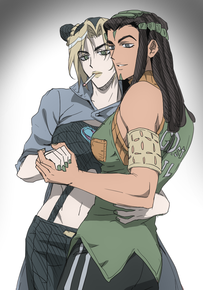 2girls arm_around_waist black_eyes black_hair blonde_hair breasts bun_with_braided_base cigarette coat commentary_request dark-skinned_female dark_skin double_bun dreadlocks ermes_costello forehead_tattoo green_eyes green_hair green_nails grey_coat hair_bun holding_hands jeonjin_(mynamebazin) jojo_no_kimyou_na_bouken korean_commentary kuujou_jolyne medium_breasts multicolored_hair multiple_girls navel sleeveless sleeveless_turtleneck smile smoking stone_ocean turtleneck two-tone_hair yellow_lips yuri