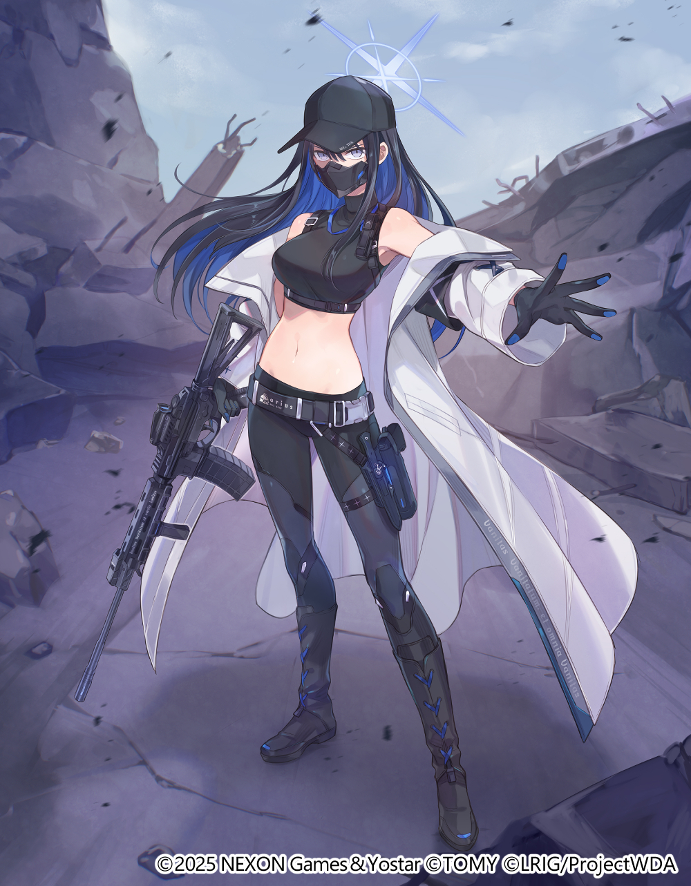1girl baseball_cap black_mask blue_archive blue_halo buckle coat colored_inner_hair halo hat highres knife_sheath mask mouth_mask multicolored_hair official_art saori_(blue_archive) sheath sig_516 sig_sauer snap-fit_buckle solo thigh_sheath white_coat wixoss yuko_(uc_yuk)