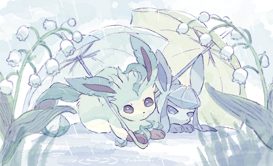 blue_eyes blue_fur flower gen_4_pokemon glaceon green_fur leaf leafeon lily_of_the_valley nintendo no_humans outdoors pokemon pokemon_(creature) rain solid_eyes two-tone_fur umbrella white_flower white_umbrella yellow_fur yellow_umbrella yurano_(upao)