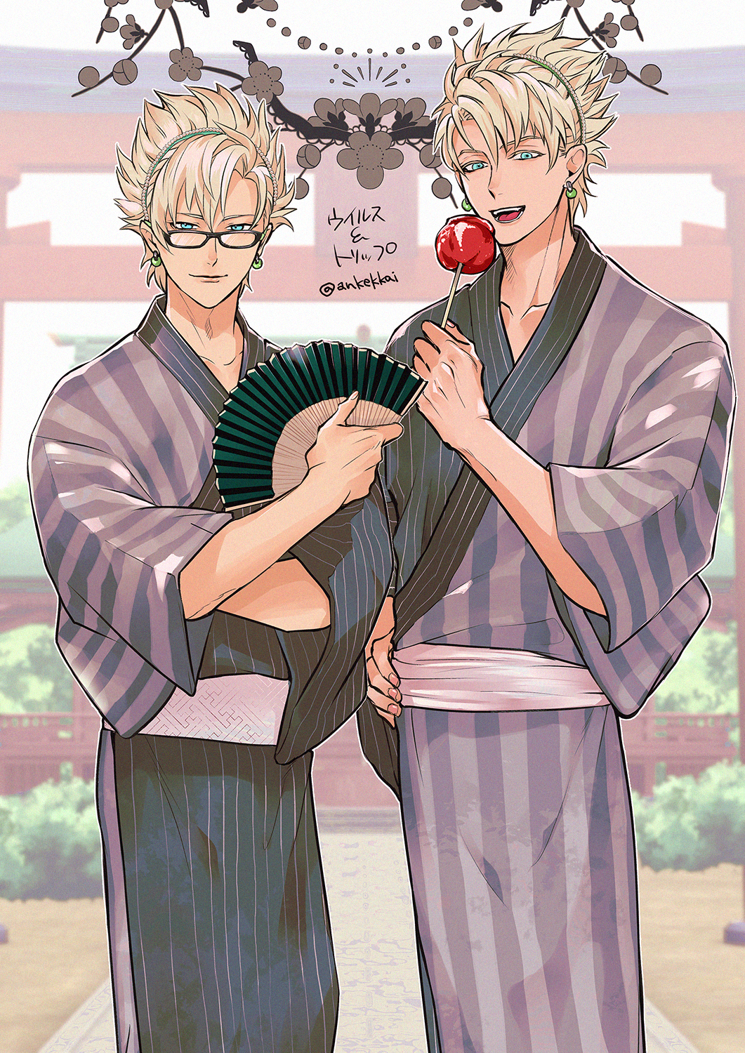 2boys alternate_costume ankekkai blonde_hair blue_eyes candy_apple character_name dramatical_murder earrings flower food fruit glasses grey_kimono hairband hand_fan highres holding holding_candy_apple holding_fan japanese_clothes jewelry kimono looking_at_viewer male_focus multiple_boys open_mouth paper_fan sash smile spiked_hair striped_clothes striped_kimono trip_(dramatical_murder) twitter_username virus_(dramatical_murder) white_sash yukata