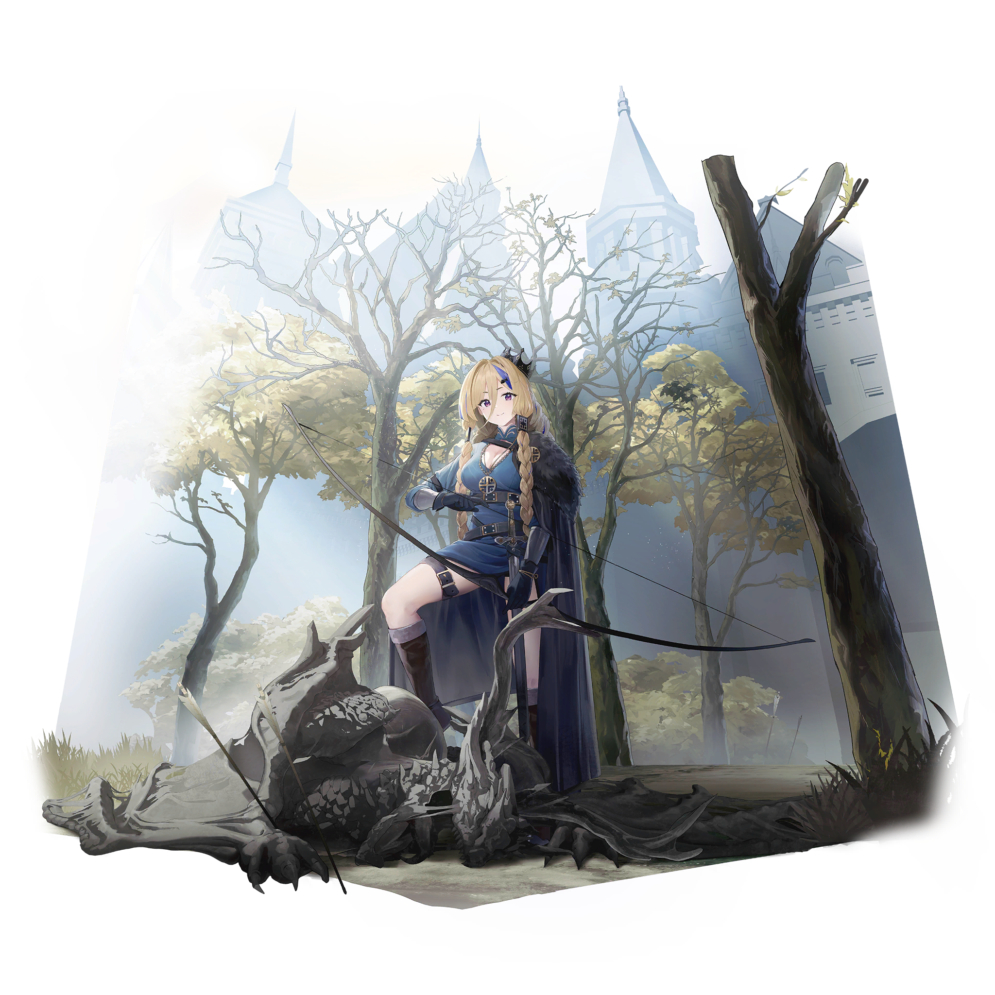 1girl arrow_(projectile) arrow_in_ground artist_request blonde_hair blue_dress blue_hair boots bow_(weapon) braid brown_boots castle cloak dragon dress forest fur-trimmed_cloak fur_trim game_cg girls'_frontline girls'_frontline_neural_cloud highres holding holding_bow_(weapon) holding_weapon hunting jewelry looking_at_viewer millau_(neural_cloud) nature necklace official_alternate_costume official_art purple_eyes smile solo standing_on_animal sword thigh_strap third-party_source tree weapon wyvern