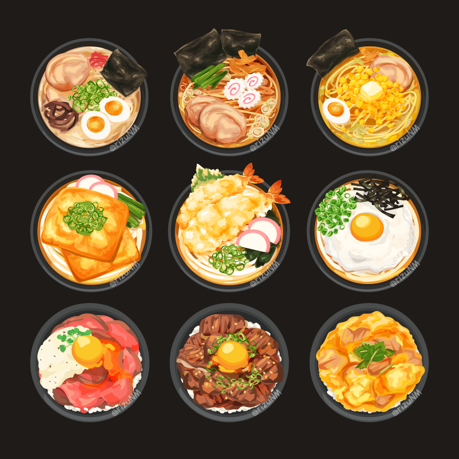 black_background bowl bread bread_slice donburi egg egg_yolk food food_focus hardboiled_egg meat no_humans noodles original ramen rizu_(rizunm) simple_background toast twitter_username udon watermark