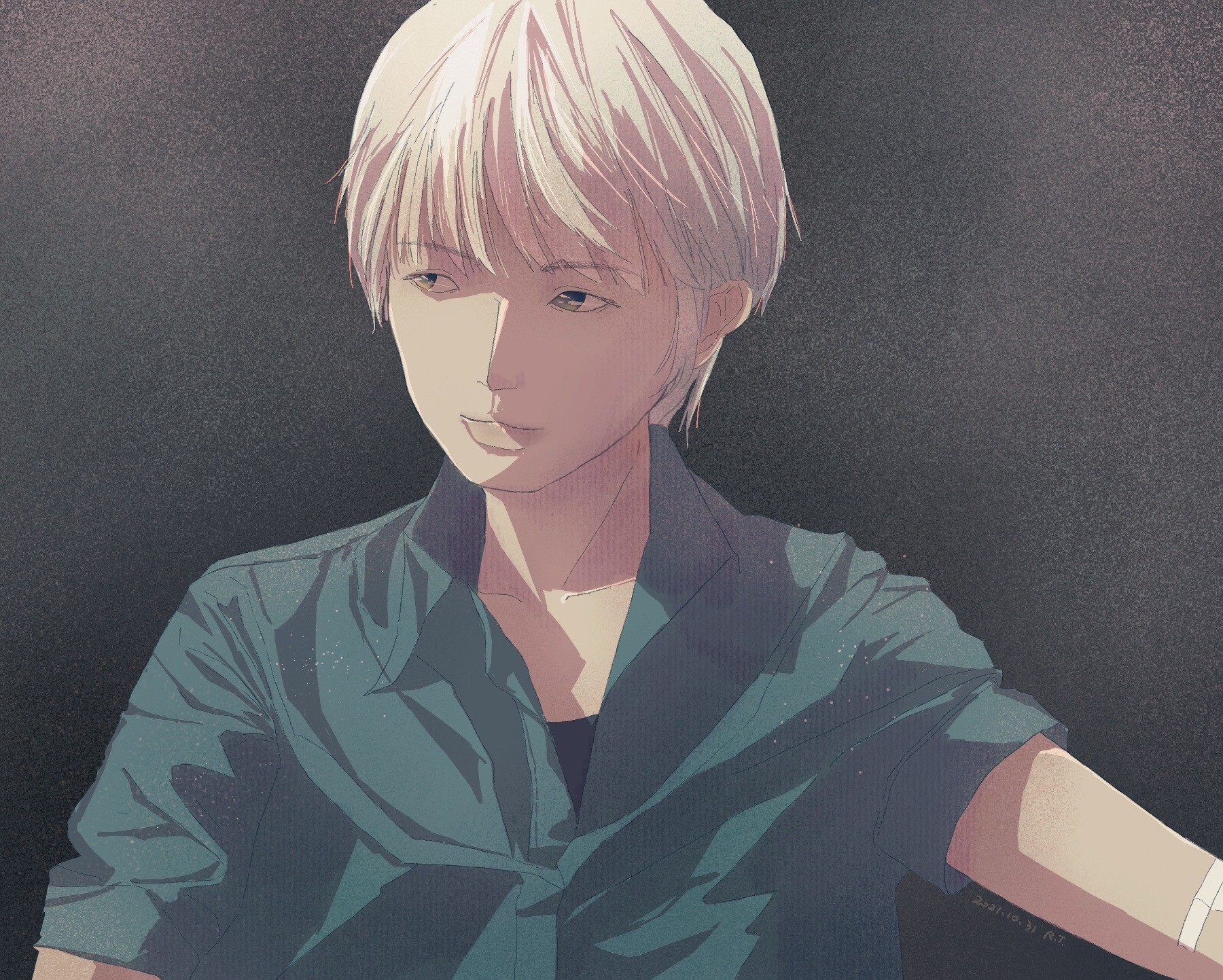 1boy akagi:_yami_ni_oritatta_tensai akagi_shigeru black_background blue_shirt fukumoto_mahjong gensou_getsumen_rt highres male_focus shadow shirt short_hair short_sleeves solo white_hair