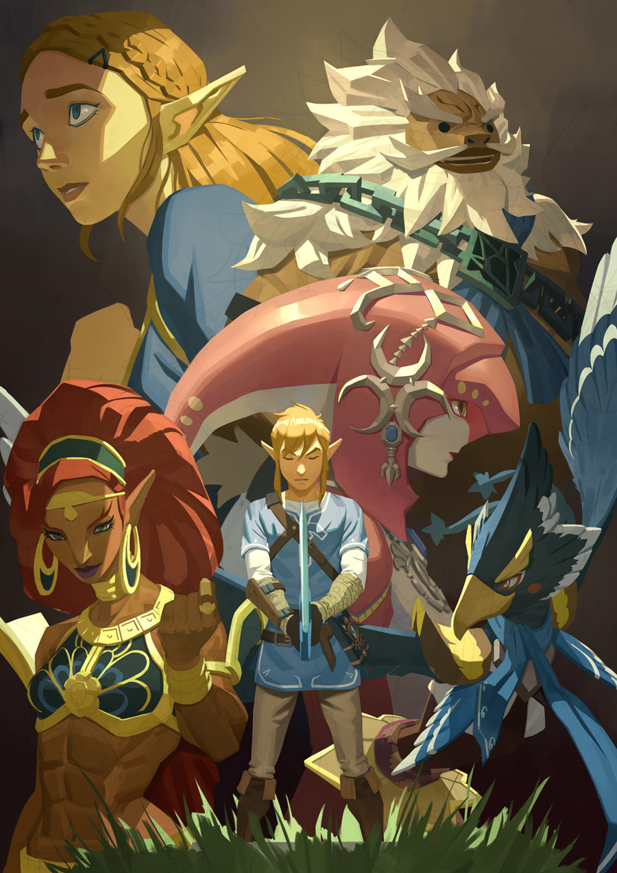2girls 3boys abs bird_boy blue_eyes blue_scarf blue_tunic book boots braid brown_footwear chain closed_eyes crop_top dark-skinned_female dark_skin daruk earrings facial_hair feathered_wings fish_girl gerudo goron grass highres holding holding_sword holding_weapon jewelry link long_hair mipha multiple_boys multiple_girls nesskain nintendo pointy_ears ponytail princess_zelda red_hair revali rito scarf silver_necklace sword the_legend_of_zelda the_legend_of_zelda:_breath_of_the_wild tunic urbosa weapon white_hair wide_ponytail wings zora