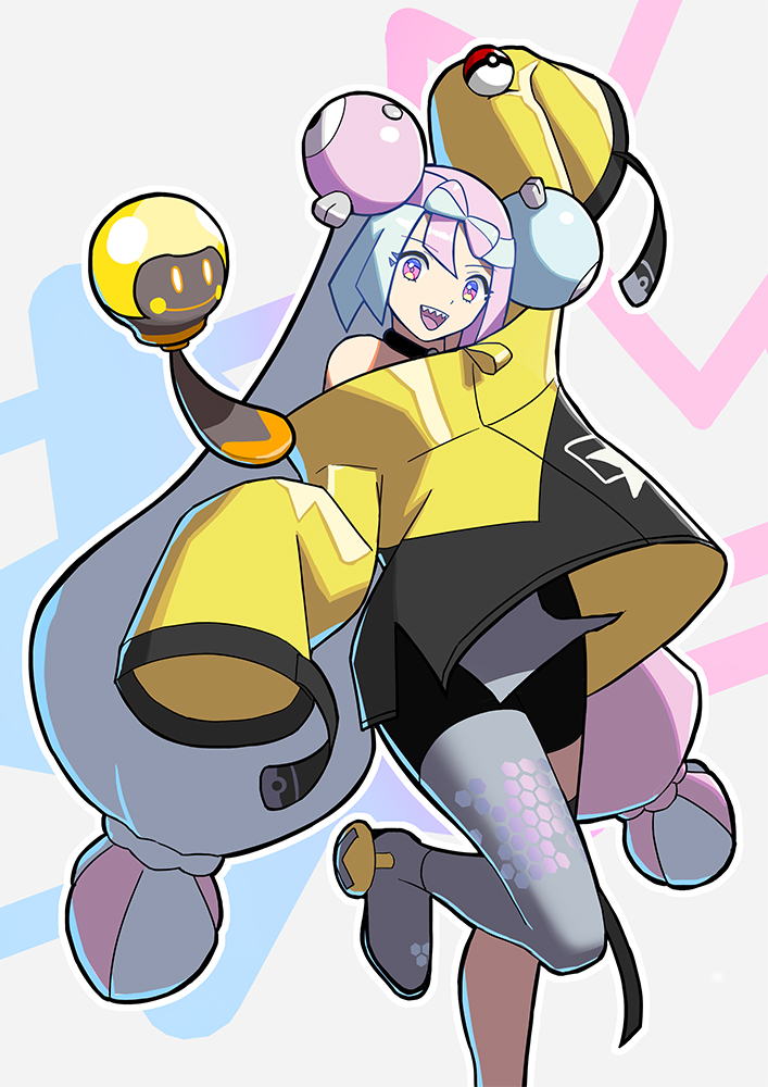 1girl :d aqua_hair bike_shorts boots bow-shaped_hair character_hair_ornament commentary_request grey_footwear hair_ornament iono_(pokemon) jacket leg_up long_hair long_sleeves menka_(menka_wata) multicolored_hair nintendo open_mouth pink_hair pokemon pokemon_(creature) pokemon_sv single_leg_pantyhose sleeves_past_fingers sleeves_past_wrists smile tadbulb teeth tongue twintails two-tone_hair upper_teeth_only yellow_jacket