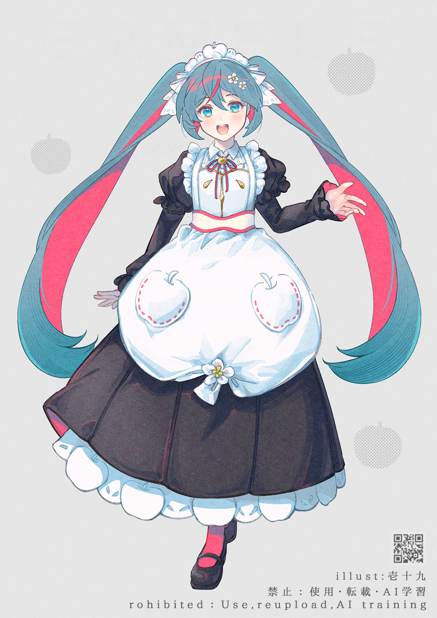 1girl :d apron black_dress black_shoes blue_eyes blue_hair blush commentary_request dress english_text flower frilled_apron frills full_body grey_background hair_between_eyes hair_flower hair_ornament hand_up hatsune_miku highres ittokyu layered_sleeves long_hair long_sleeves looking_at_viewer maid maid_apron maid_headdress multicolored_hair open_mouth pantyhose pleated_dress puffy_short_sleeves puffy_sleeves qr_code red_hair red_pantyhose shoes short_over_long_sleeves short_sleeves simple_background sleeves_past_wrists smile solo streaked_hair twintails two-tone_hair very_long_hair vocaloid watermark white_apron white_flower