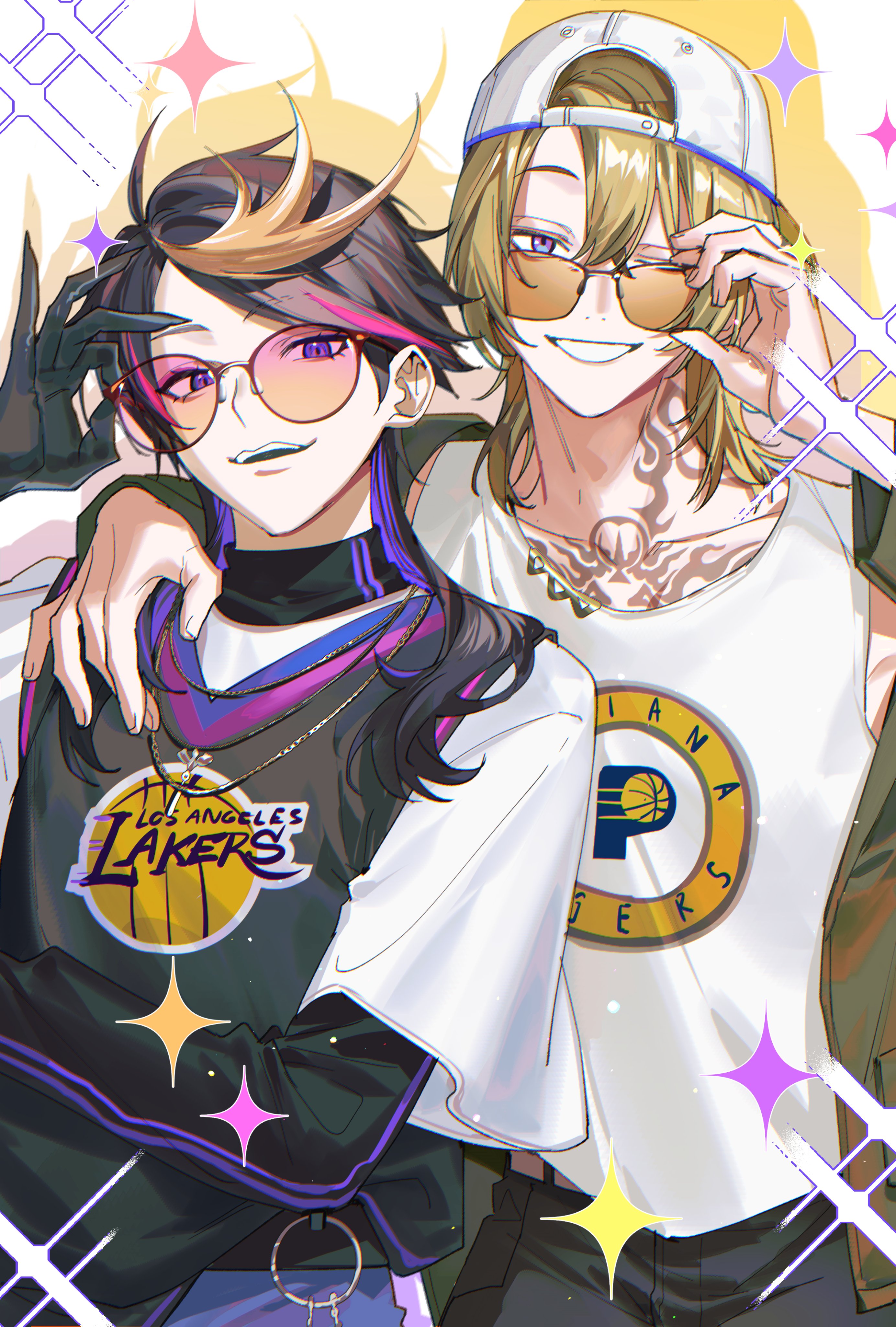2boys absurdres adjusting_eyewear arm_around_neck backwards_hat baseball_cap basketball_jersey black_gloves black_hair black_shirt blonde_hair chest_tattoo collarbone crossdressing crossdressing_(mtf) drop_shadow fingernails gloves gold_necklace gradient-tinted_eyewear green_jacket grin hair_between_eyes hand_up hashtag-only_commentary hat highres indiana_pacers jacket jewelry kaohom503 layered_sleeves long_fingernails long_hair long_sleeves looking_at_viewer los_angeles_lakers luca_kaneshiro male_focus medium_hair multicolored_hair multiple_boys national_basketball_association neck_tattoo necklace nijisanji nijisanji_en one_eye_closed open_clothes open_jacket open_mouth orange-tinted_eyewear parted_bangs pink-tinted_eyewear pink_hair purple_eyes purple_hair sharp_fingernails shirt short_over_long_sleeves short_sleeves shu_yamino sleeveless sleeveless_shirt smile sparkle streaked_hair sunglasses swept_bangs tank_top tattoo teeth tinted_eyewear turtleneck upper_teeth_only virtual_youtuber white_background white_hat white_shirt white_tank_top
