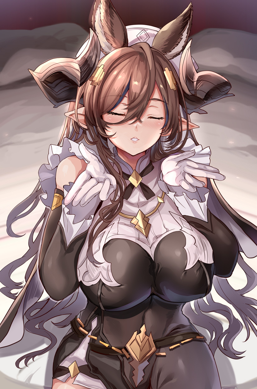 1girl animal_ears blush breasts brown_hair closed_eyes galleon_(granblue_fantasy) gloves granblue_fantasy hair_between_eyes hands_up highres himuro_shunsuke horns large_breasts long_sleeves parted_lips sitting white_gloves white_headwear
