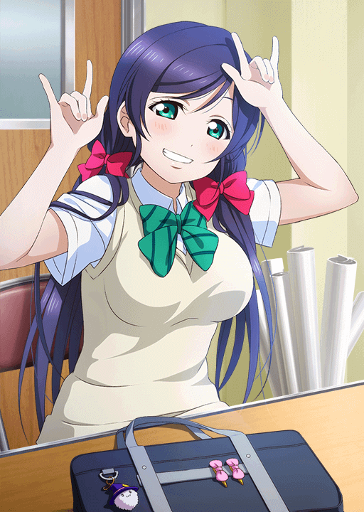 1girl \m/ bag bag_charm blush bow bowtie breasts brown_sweater_vest chair charm_(object) cosplay desk diagonal-striped_bow diagonal-striped_bowtie diagonal-striped_clothes door double_\m/ dress_shirt folding_chair green_bow green_bowtie green_eyes grin hair_bow hair_ornament indoors large_breasts long_hair looking_at_viewer love_live! love_live!_school_idol_festival love_live!_school_idol_project nico_nico_nii official_art otonokizaka_school_uniform paper purple_hair red_bow school_bag school_uniform shirt short_sleeves sitting smile solo striped_clothes summer_uniform sweater_vest tojo_nozomi twintails upper_body white_shirt yazawa_nico yazawa_nico_(cosplay)
