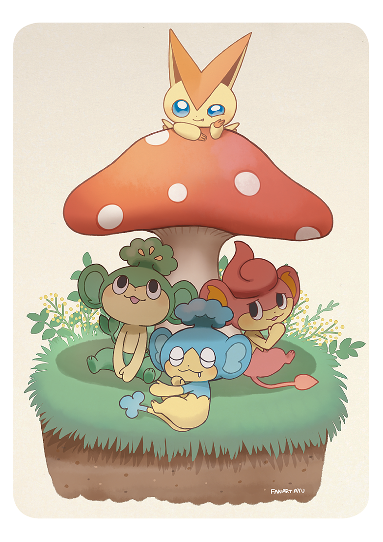 ayu_(mog) black_eyes blue_eyes creature full_body gen_5_pokemon grass legendary_pokemon lying mushroom mythical_pokemon nintendo no_humans on_side panpour pansage pansear plant pokemon pokemon_(creature) saliva shadow signature sitting sleeping victini