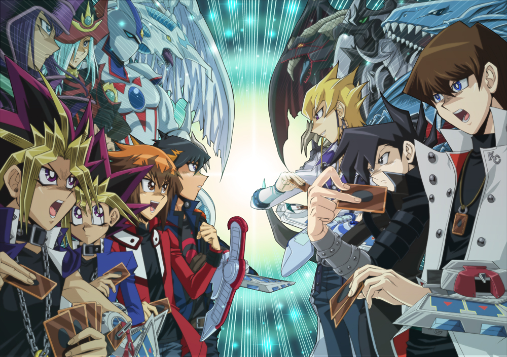1girl 2010 6+boys armed_dragon black_choker black_hair black_shirt blonde_hair blue-eyes_white_dragon blue_eyes blue_hair blue_jacket brown_eyes brown_hair card chain choker dark_magician dragon duel_disk elemental_hero_neos fangs fudo_yusei hat holding holding_card jack_atlas jacket kaiba_seto manjoume_jun millennium_puzzle multicolored_hair multiple_boys muto_yugi open_mouth purple_eyes purple_hair raku_(howdy) red_dragon_archfiend red_jacket shirt silent_magician stardust_dragon wizard_hat yami_yugi yu-gi-oh! yu-gi-oh!_5d&#039;s yu-gi-oh!_duel_monsters yu-gi-oh!_gx yuki_judai