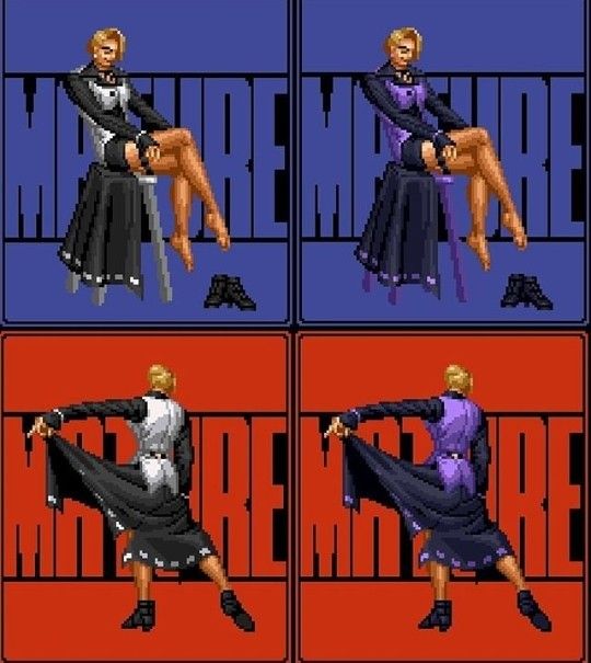 1girl blonde_hair chair dress feet female_focus formal_clothes heel_up long_sleeves mature_(kof) pantyhose pixel_art shoes sitting skirt smile socks suit the_king_of_fighters undressing unworn_shoes