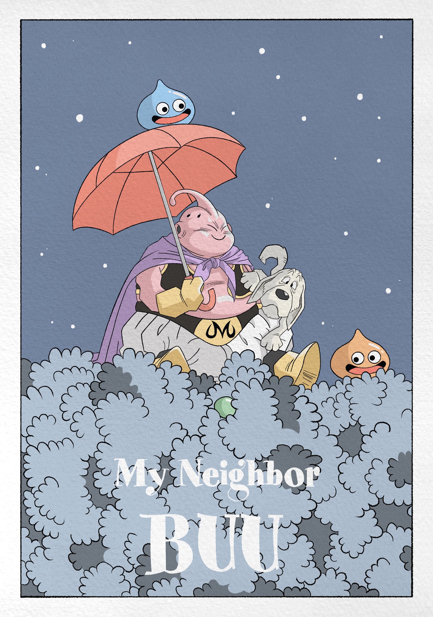 bee_(dragon_ball) black_vest blue_skin border bush character_name colored_skin creator_connection dog dragon_ball dragon_quest dragonball_z english_text highres holding holding_umbrella majin_buu night orange_skin pants parody pink_skin slime_(creature) slime_(dragon_quest) star_(sky) tonari_no_totoro toriyama_akira_(style) umbrella vest wesatinthecar white_border white_pants