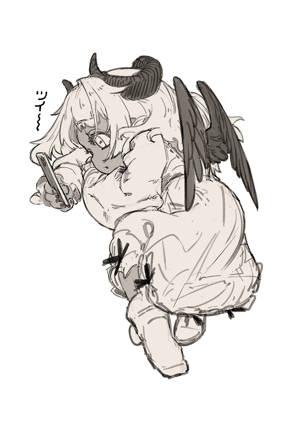 1girl amaryllis_gumi arm_pillow cellphone closed_mouth dark-skinned_female dark_skin demon_girl feral_lemma from_side full_body greyscale highres horizontal_pupils horns long_hair long_sleeves looking_at_phone lying monochrome nightgown on_side phone profile simple_background smartphone socks solo virtual_youtuber wings yotsutsuji_mayoi