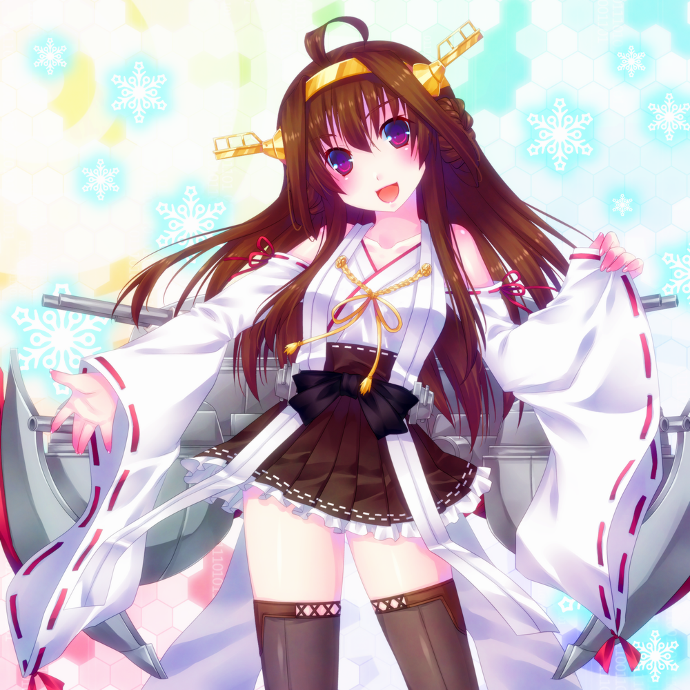 10s 1girl ahoge bad_id bad_pixiv_id brown_hair detached_sleeves door_to_heaven female_focus hairband japanese_clothes kantai_collection kongou_(kancolle) long_hair looking_at_viewer machinery nontraditional_miko open_mouth purple_eyes ship_turret solo thighhighs wide_sleeves