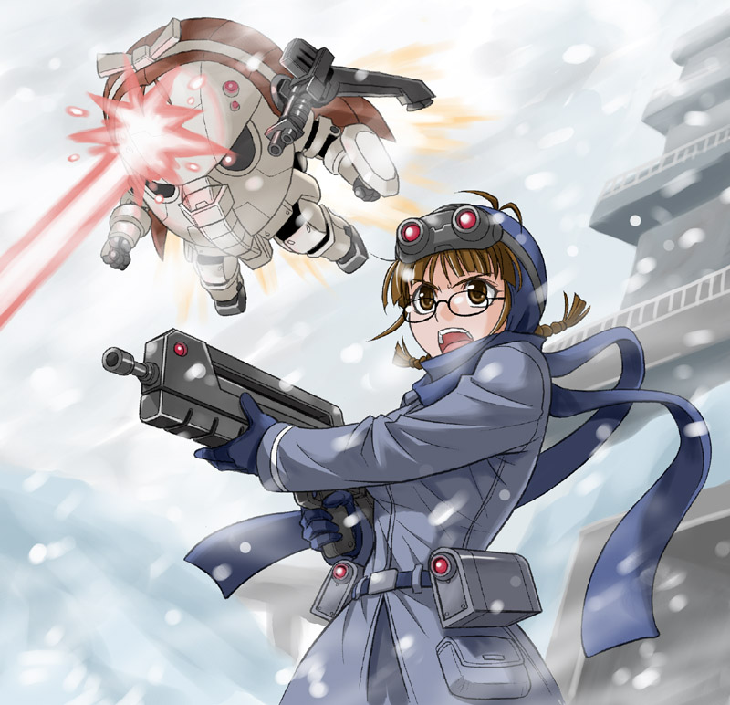 1girl akizuki_ritsuko assault_rifle braid brown_hair capcom female_focus glasses gloves goggles gun hardbawler_vs hida_tatsuo idolmaster idolmaster_(classic) idolmaster_1 lost_planet mecha minase_iori parody rifle robot scarf snow snowing solo vs_shotgun weapon