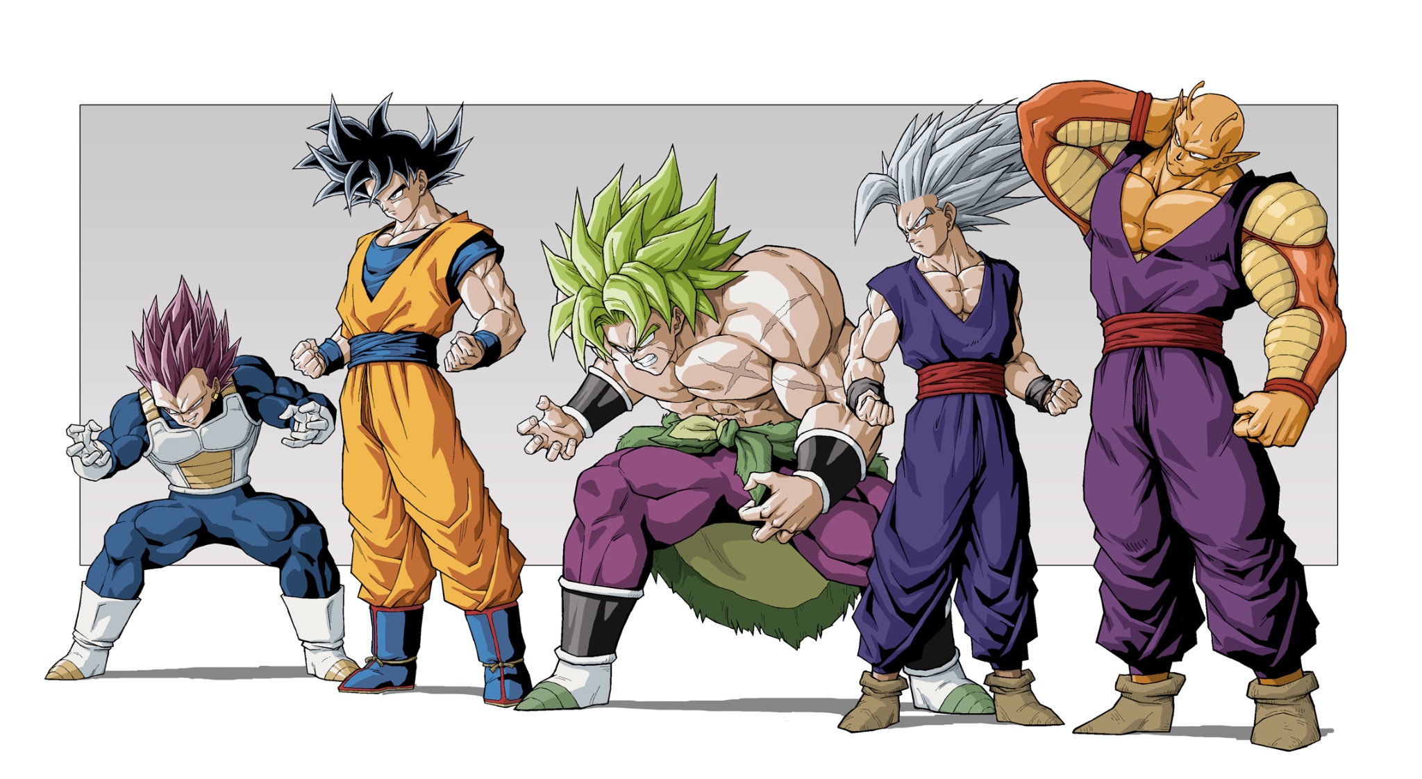 5boys antennae armor black_eyes black_hair blue_bodysuit blue_footwear blue_pants bodysuit boots colored_skin dougi dragon_ball dragon_ball_super dragon_ball_super_broly dragon_ball_super_super_hero gloves gohan_beast green_hair highres legendary_super_saiyan medium_hair multiple_boys muscular muscular_male n_(n14542698) no_eyebrows no_pupils orange_pants orange_piccolo orange_shirt orange_skin pants piccolo purple_eyes purple_hair purple_pants purple_shirt red_eyes scar shirt son_gohan son_goku spiked_hair super_saiyan topless_male ultra_ego_(dragon_ball) ultra_instinct vegeta white_footwear white_gloves white_hair
