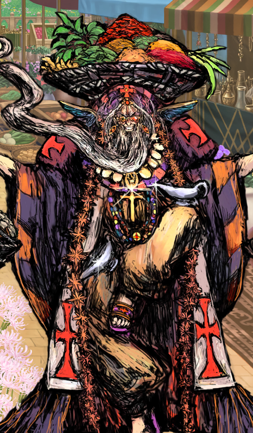 1boy basket_on_head beard brown_pants christopher_columbus_(dream_portrait)_(fate) christopher_columbus_(fate) commentary cross cross_necklace diffraction_spikes earrings eye_symbol facial_hair fate/grand_order fate_(series) floating_hair foot_on_own_leg foot_out_of_frame glint grin hands_up jewelry leg_up long_beard male_focus market moto_murabito multiple_necklaces necklace no_socks official_alternate_costume official_art oil_lamp orange-tinted_eyewear outdoors outstretched_arms pants purple_robe purple_sandals purple_turban robe sandals smile solo standing standing_on_one_leg teeth third-party_source tinted_eyewear turban v-shaped_eyebrows wide_sleeves yugakshetra_(fate/grand_order)
