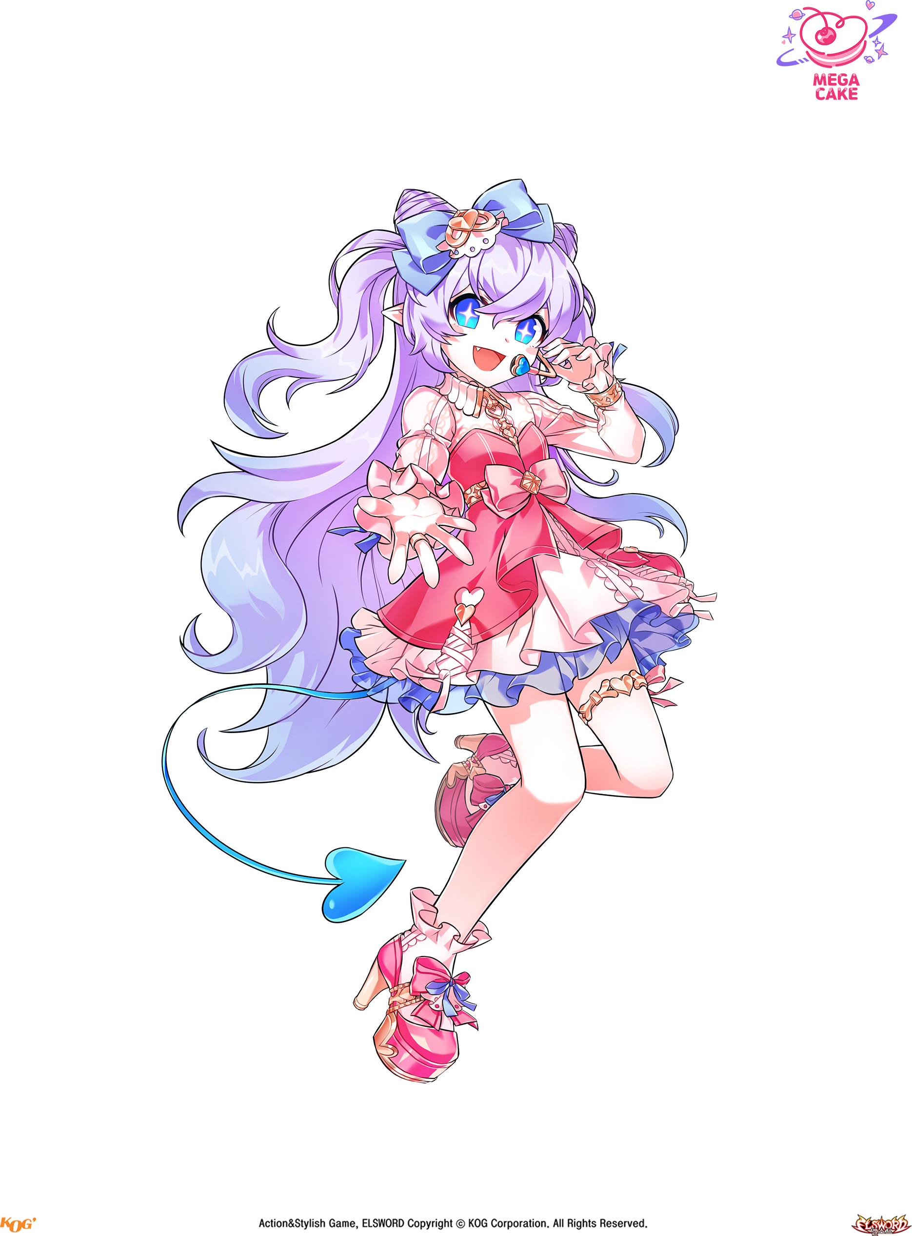 +_+ 1girl absurdres blue_bow blue_eyes blue_hair blue_ribbon blue_tail bow bracelet center_frills collared_dress company_logo cone_hair_bun copyright_name copyright_notice crossed_bangs demon_horns demon_tail dot_nose double_bun dress elsword fang footwear_bow frilled_dress frilled_sleeves frilled_socks frills full_body game_cg gold_bracelet gold_thighlet gradient_hair hair_between_eyes hair_bow hair_bun headset high_heels highres horns hwansang idol jewelry layered_dress leg_up logo long_hair long_sleeves luciela_r._sourcream multicolored_hair offering_hand official_alternate_costume official_art open_mouth outstretched_hand pink_bow pink_dress pink_shoes platform_shoes pointy_ears purple_hair ribbon second-party_source shoes short_dress sleeve_ribbon sleeves_past_wrists smile socks solo sparkling_eyes standing tachi-e tail transparent_background two_side_up very_long_hair waist_bow wavy_hair white_dress white_socks