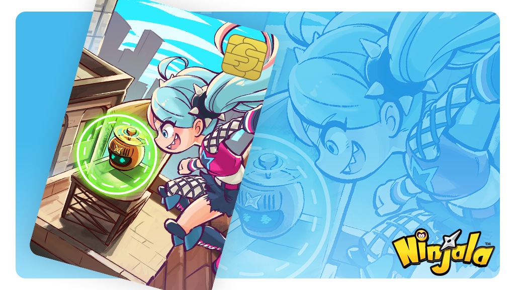 ahoge aqua_background aqua_eyes aqua_hair belt belted_shorts blue_boots blue_pupils blue_shorts blue_sky boots border building card child city clenched_hand cloud commentary copyright_name copyright_notice day denim denim_shorts drone_(ninjala) dual_persona english_commentary english_text eyelashes flat_chest gungho knee_boots lace-up_boots logo long_hair lucy_(ninjala) multicolored_hair ninjala nose official_art outdoors pantyhose pink_belt pink_hair pink_shirt print_shirt profile projected_inset rianti-wong rooftop second-party_source shirt shorts shuriken sideways_mouth sign single_bare_arm single_fishnet_armwear single_fishnet_legwear single_leg_pantyhose single_sleeve skinny sky sleeveless sleeveless_shirt smile solo spiked_hair_ornament star_(symbol) star_print teeth torn_clothes torn_shorts tower twintails two-tone_hair two-tone_shirt very_long_hair weapon white_border white_pantyhose white_shirt white_sleeves wrestling_boots