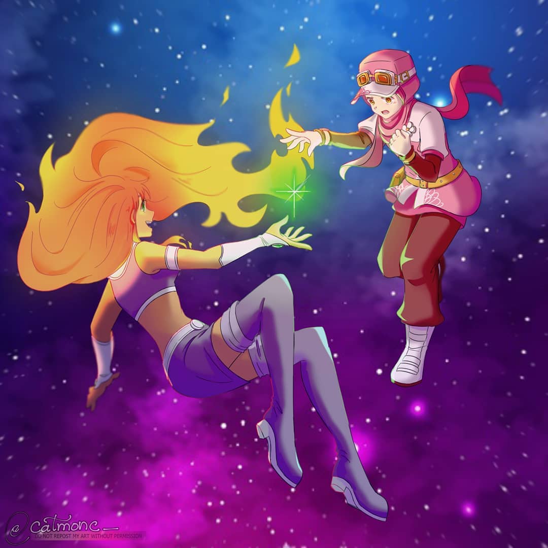 2girls alleycat_nd boboiboy boboiboy_galaxy boots brown_pants commentary crop_top crossover dc_comics english_commentary green_eyes hat hijab instagram_username miniskirt multiple_girls orange_hair orange_shirt pants pink_eyes pink_hat pink_hijab purple_boots purple_skirt shirt skirt space starfire teen_titans teen_titans_(tv_series) thigh_boots white_boots yaya_yah