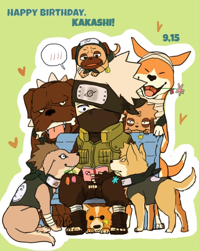 1boy akino_(naruto) bisuke_(naruto) book bull_(naruto) dog grey_hair guruko_(naruto) happy_birthday hatake_kakashi holding holding_book icha_icha_(naruto) long_sleeves male_focus meitarou naruto_(series) pakkun_(naruto) pants shiba_(naruto) short_hair spiked_hair urushi_(naruto) uuhei_(naruto)