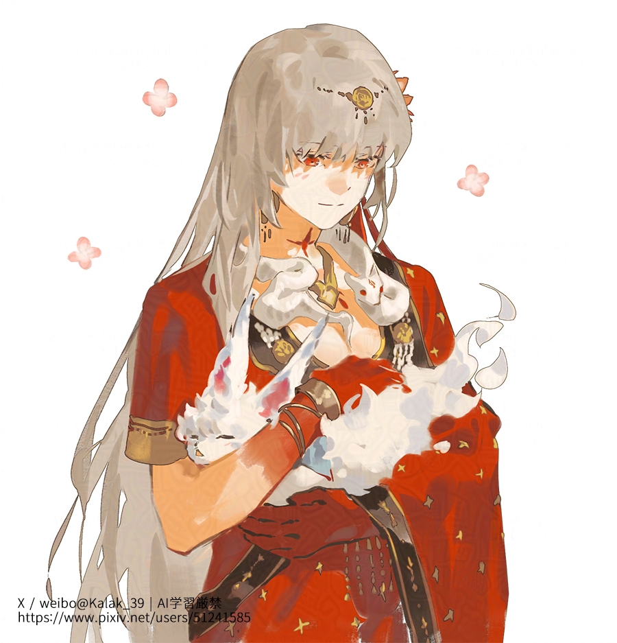 1girl animal asymmetrical_sleeves bracelet closed_mouth colored_extremities commentary dress durga_(fate) durga_(second_ascension)_(fate) earrings fate/grand_order fate_(series) flower fou_(fate) gold_earrings gold_trim grey_hair hair_flower hair_ornament head_chain holding holding_animal indian_clothes jewelry kalak_39 light_blush long_hair looking_at_animal petting pink_flower pixiv_id red_dress red_eyes red_hands sari simple_background smile snake snake_wrapped_around_neck solo twitter_username uneven_sleeves upper_body white_background white_snake