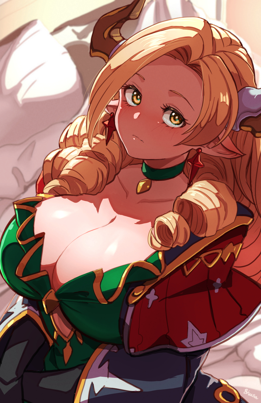 1girl blonde_hair blush breasts choker cleavage collarbone draph dress drill_hair earrings floating_earrings fujioka_yatsufusa granblue_fantasy green_choker green_dress highres horns jewelry large_breasts long_coat long_hair looking_at_viewer maria_theresa_(granblue_fantasy) pointy_ears quad_drills sitting solo yellow_eyes
