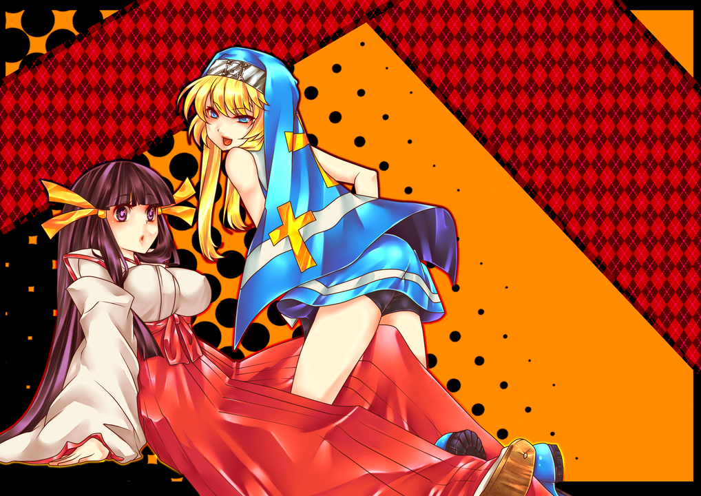1boy 1girl arcana_heart bare_shoulders bike_shorts black_hair blonde_hair blue_eyes blue_veil breasts bridget_(guilty_gear) brown_eyes checkered_background coif covered_erect_nipples cross crossover guilty_gear hair_ribbon hakama hime_cut japanese_clothes kasuga_maori kneehighs long_hair long_sleeves looking_at_viewer looking_back m.u.g.e.n miko open_mouth orange_background red_hakama ribbon sitting sleeveless smile socks thighs tobi_(discharge_cycle) veil very_long_hair