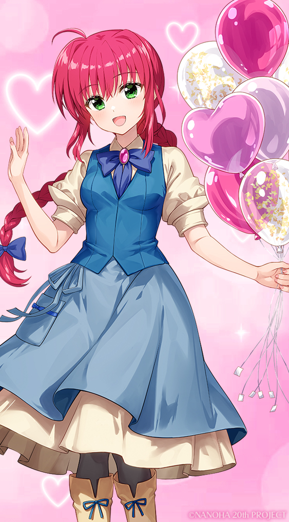 1girl :d amitie_florian apron balloon black_pantyhose blue_apron blue_vest boots braid brown_boots brown_shirt brown_skirt commentary_request feet_out_of_frame fujima_takuya green_eyes hand_up heart_balloon holding holding_balloon knee_boots long_hair looking_at_viewer lyrical_nanoha mahou_shoujo_lyrical_nanoha open_mouth pantyhose pink_background puffy_short_sleeves puffy_sleeves red_hair shirt short_sleeves single_braid skirt smile solo standing very_long_hair vest