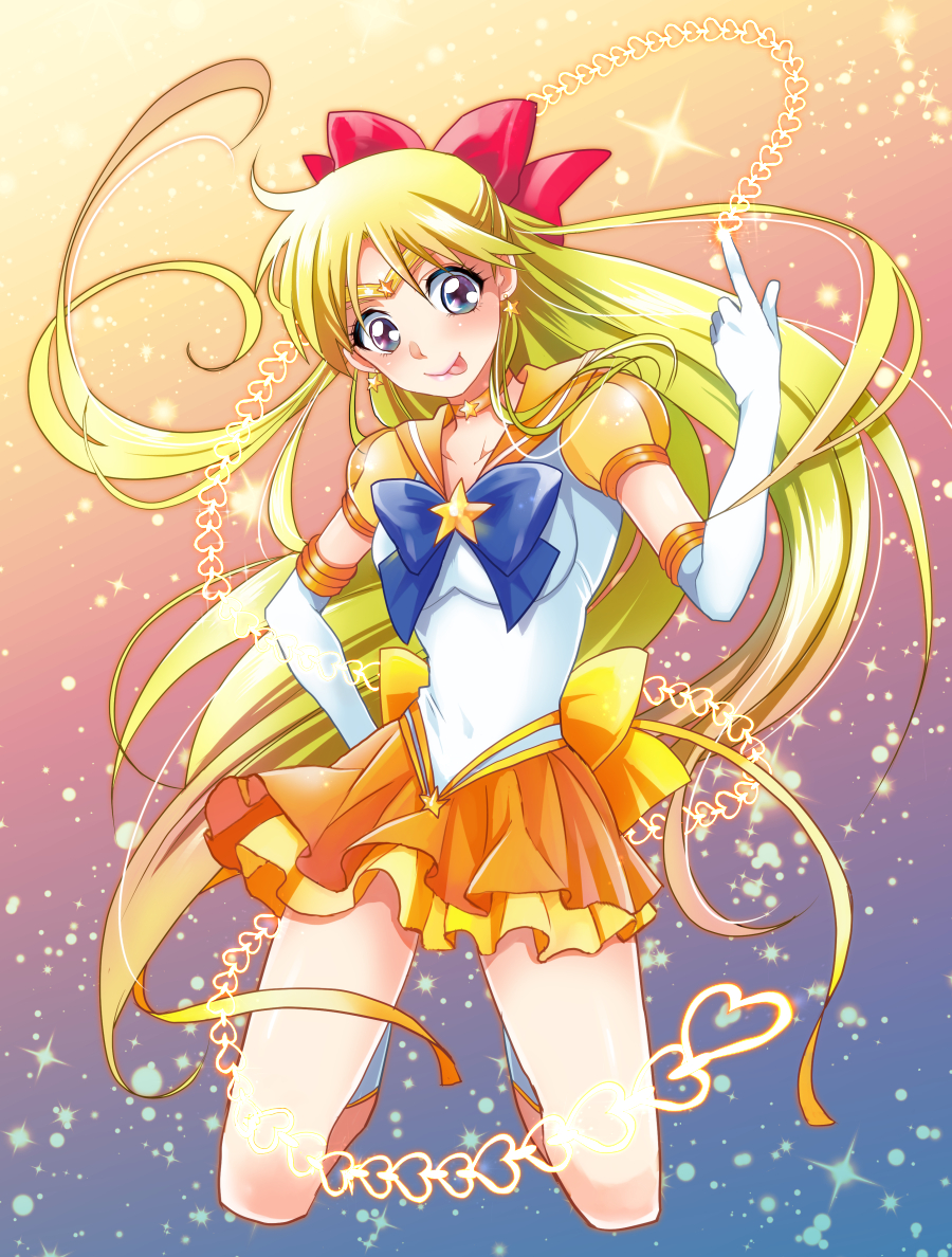 1girl :p aino_minako bishoujo_senshi_sailor_moon bishoujo_senshi_sailor_moon_stars blonde_hair blue_eyes bow brooch choker elbow_gloves female_focus full_body gloves hair_bow half_updo himerinco jewelry kneeling long_hair magical_girl orange_skirt pleated_skirt red_bow ribbon sailor_collar sailor_venus skirt smile solo star_brooch super_sailor_venus_(stars) tiara tongue tongue_out white_gloves