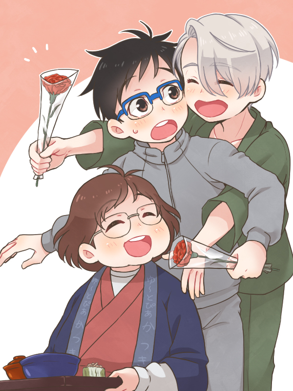 10s 1girl 2boys ^_^ black_hair blue-framed_eyewear bowl brown_eyes brown_hair carnation closed_eyes flower glasses japanese_clothes katsuki_hiroko katsuki_yuuri mother&#039;s_day multiple_boys open_mouth red_carnation ruei_(chicking) silver_hair smile track_suit tray viktor_nikiforov yuri!!!_on_ice