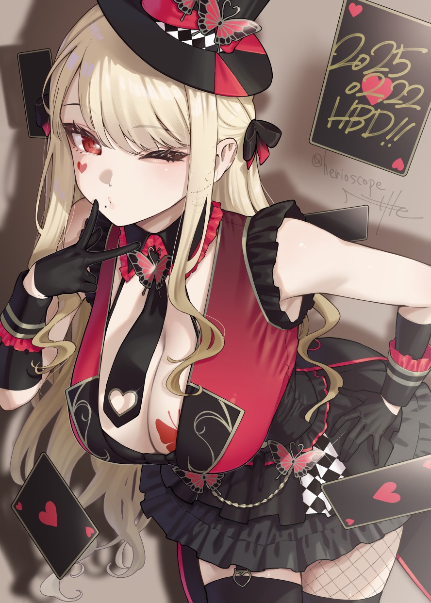 1girl ace_(playing_card) ace_of_hearts artist_name black_dress black_gloves blonde_hair blowing_kiss breasts butterfly_brooch butterfly_tattoo card cleavage closed_mouth dated dress floating_card gloves hair_ornament hair_ribbon hand_on_own_hip happy_birthday hat heart heart_tattoo herio highres long_hair looking_at_viewer luis_cammy luis_cammy_(7th_costume) mini_hat mini_top_hat mole mole_under_mouth necktie nijisanji one_eye_closed playing_card red_eyes ribbon signature sleeveless sleeveless_dress solo tattoo thighhighs top_hat v v_over_mouth virtual_youtuber