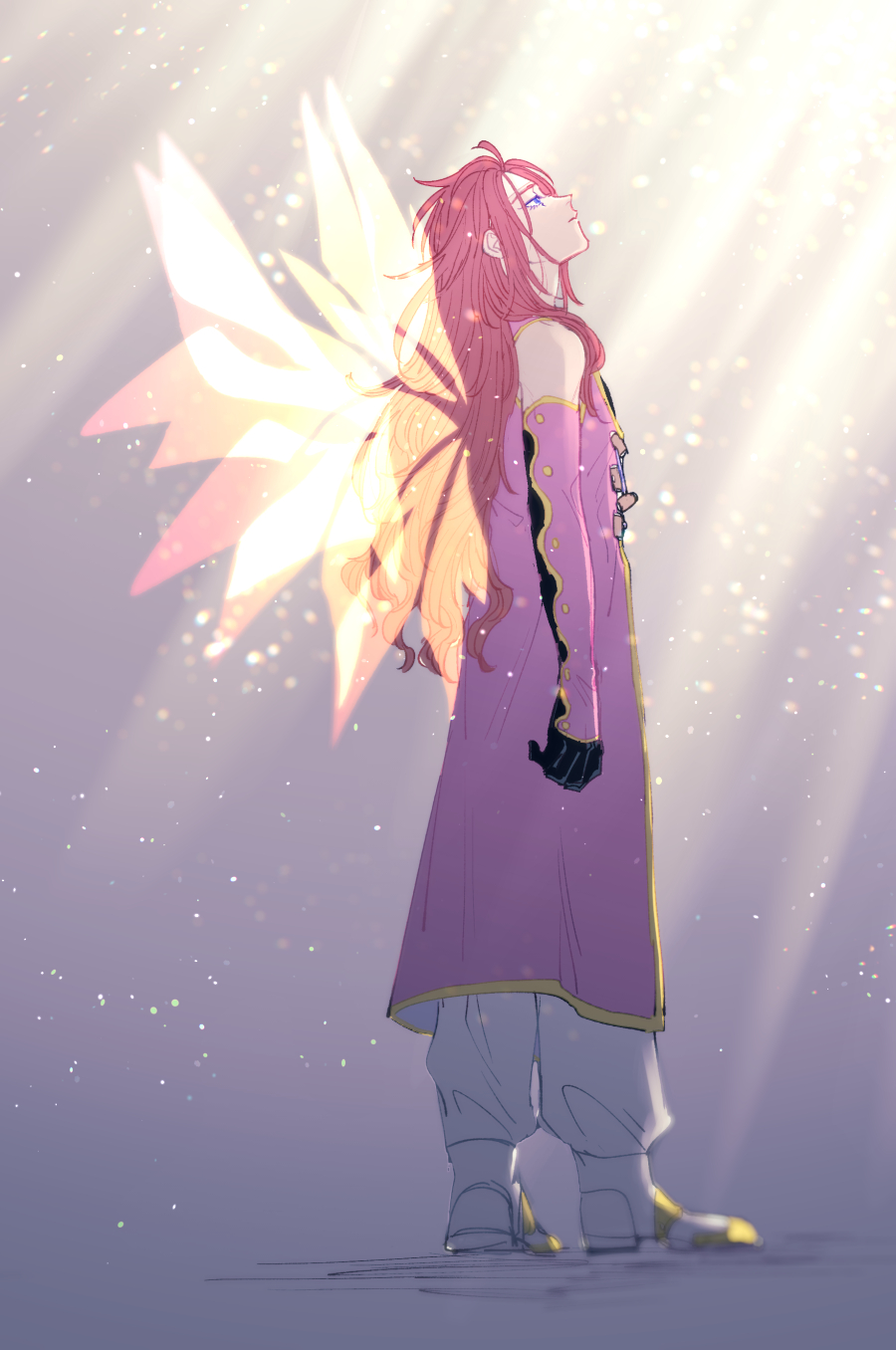 blue_eyes elbow_gloves emushino gloves headband highres jacket looking_up pink_gloves pink_jacket red_hair shirt sleeveless sleeveless_jacket sleeveless_shirt spoilers tales_of_(series) tales_of_symphonia white_footwear white_headband wings zelos_wilder